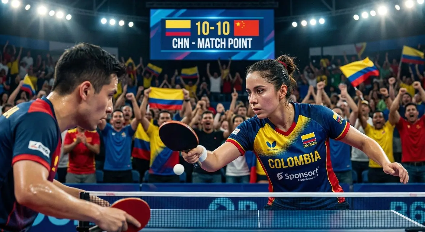 Torneo profesional de tenis de mesa en Colombia, dos jugadores compitiendo ante público entusiasta